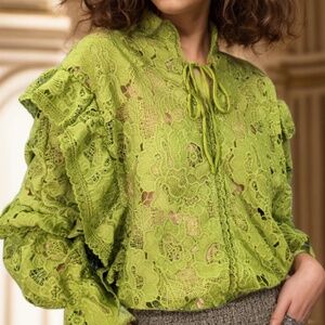 A 346 Nancy Lime Green Glam Romance Lace Blouse Statement Ruffle Sleeve NWT L